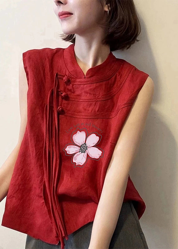 Vintage Red Tassel Oriental Button Cotton Top Sleeveless