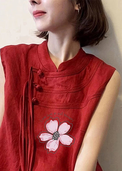 Vintage Red Tassel Oriental Button Cotton Top Sleeveless