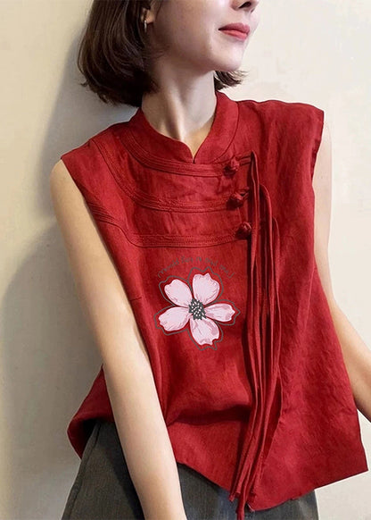 Vintage Red Tassel Oriental Button Cotton Top Sleeveless