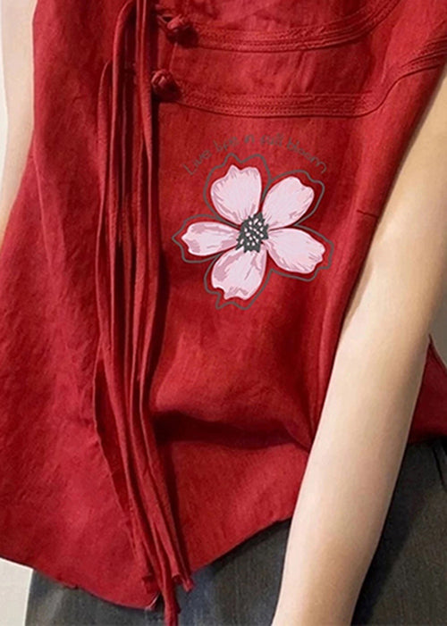Vintage Red Tassel Oriental Button Cotton Top Sleeveless