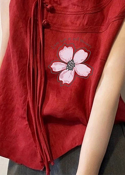 Vintage Red Tassel Oriental Button Cotton Top Sleeveless