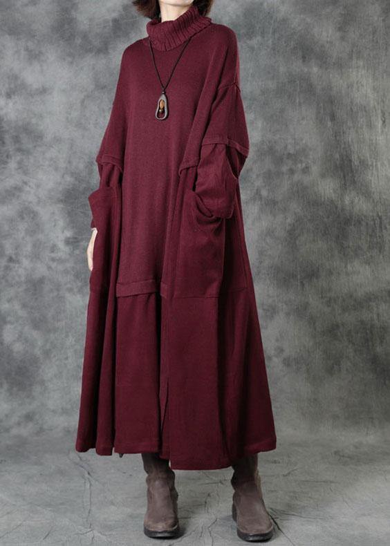 Vintage Red Turtleneck Patchwork Winter Knitted Dress - SooLinen