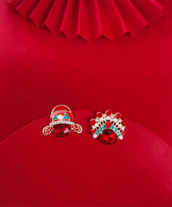 Pendientes vintage con diseño asimétrico de máscara de la Ópera de Pekín y perla de cristal de circonita roja