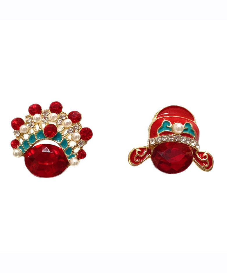 Pendientes vintage con diseño asimétrico de máscara de la Ópera de Pekín y perla de cristal de circonita roja