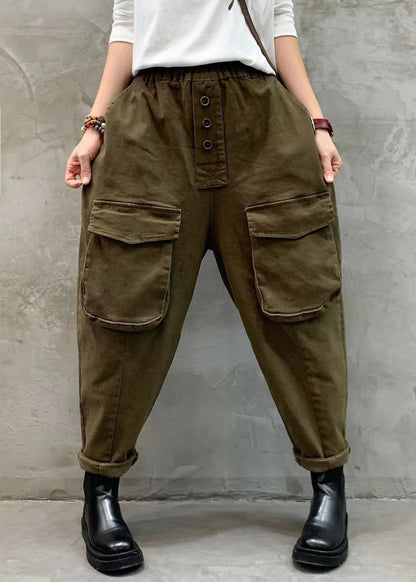 Vintage Rote elastische Taille Knopf Taschen Haremshose Frühling