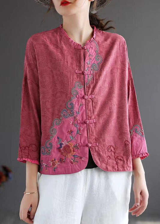 Blusa de algodón con botones chinos bordados en rosa vintage para primavera
