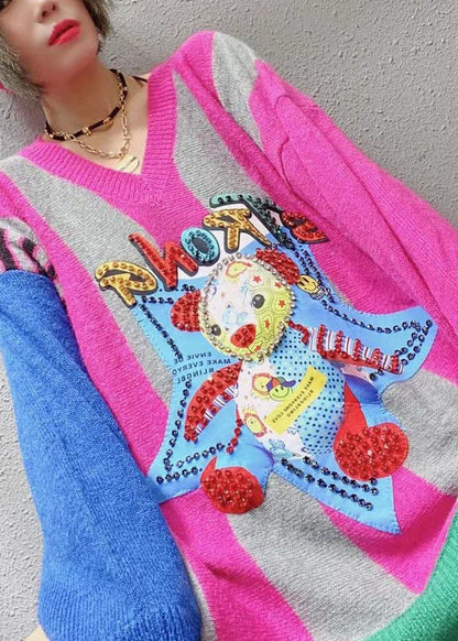 Vintage Rose Loose V Neck Print Fall Character Knitwear Coat