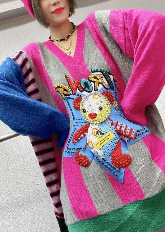 Vintage Rose Loose V Neck Print Fall Character Knitwear Coat