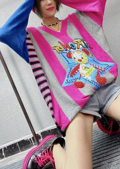 Vintage Rose Loose V Neck Print Fall Character Knitwear Coat