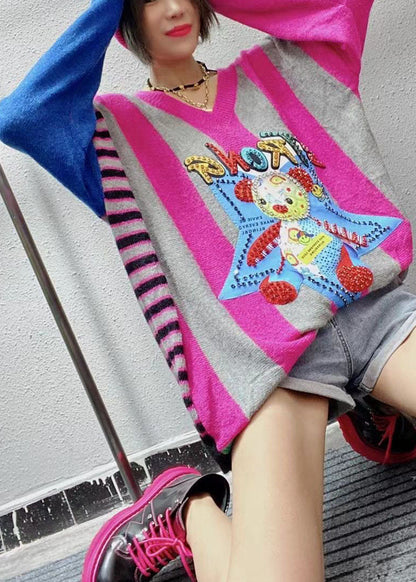 Vintage Rose Loose V Neck Print Fall Character Knitwear Coat