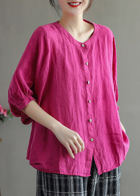 Camisa de lino lisa con cuello redondo, botones y diseño bajo y alto, manga media, estilo vintage rosa