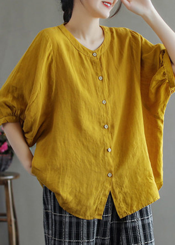 Vintage Rose O-Ausschnitt Knopf Low High Design Solides Leinenhemd Halbarm