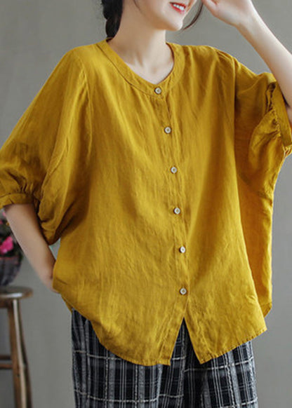 Vintage Rose O-Ausschnitt Knopf Low High Design Solides Leinenhemd Halbarm