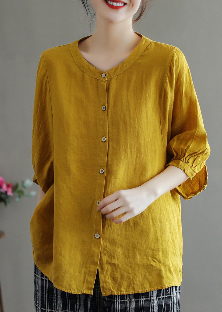 Vintage Rose O-Ausschnitt Knopf Low High Design Solides Leinenhemd Halbarm