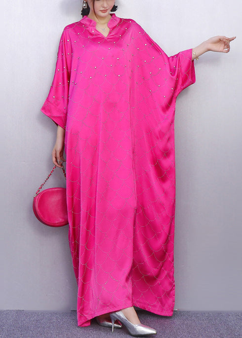 Vintage-Seidenkleid mit Rosenmuster und Strasssteinen, Fledermausärmeln