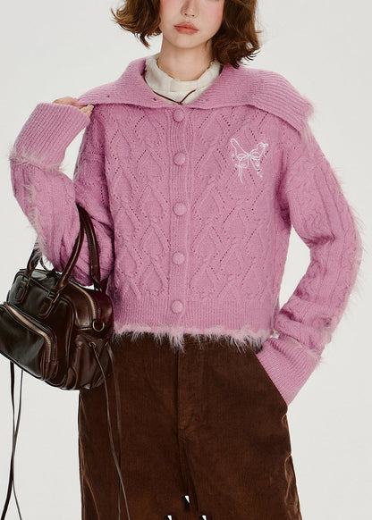 Vintage Rose Sailor Collar Patchwork Faux Fur Knit Cardigan Winter