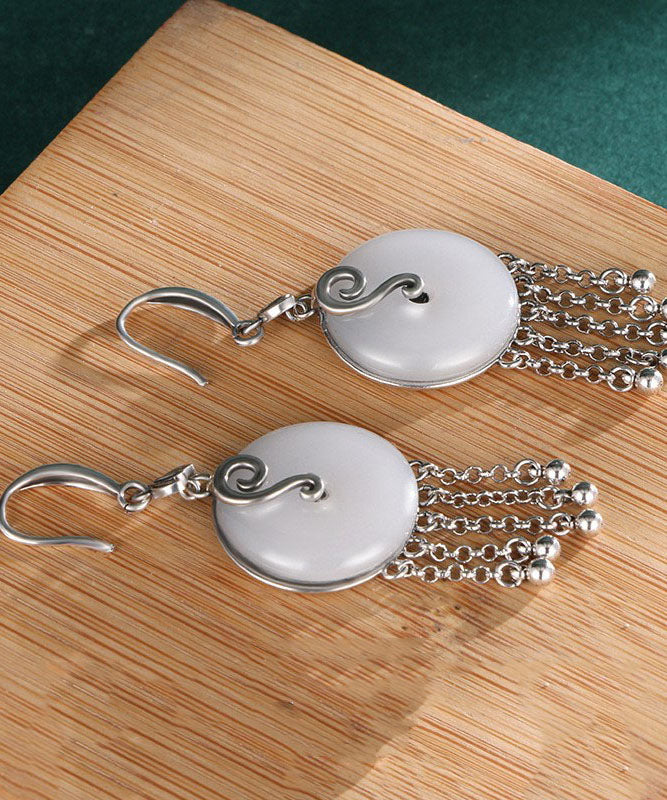 Vintage Seide Sterling Silber Intarsien Jade Quaste Tropfen Ohrringe