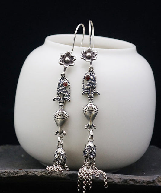 Vintage Silk Sterling Silver Tassel Floral Wheat Ear Drop Earrings