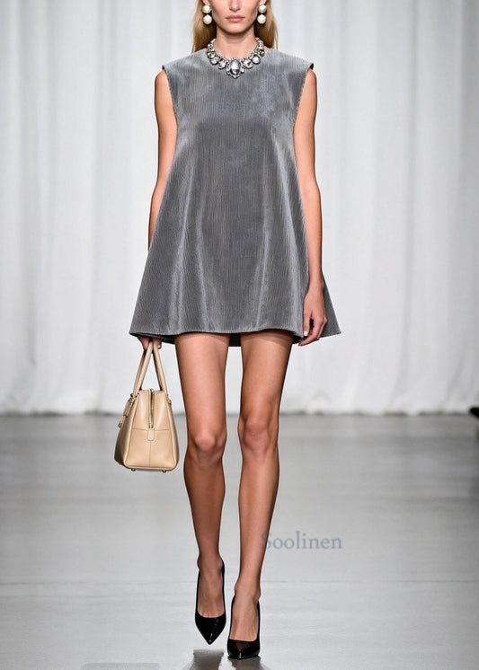 Vintage Silvery O-Neck Corduroy A Line Dress Sleeveless