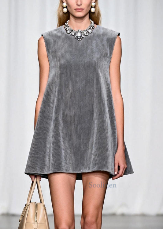 Vintage Silvery O-Neck Corduroy A Line Dress Sleeveless