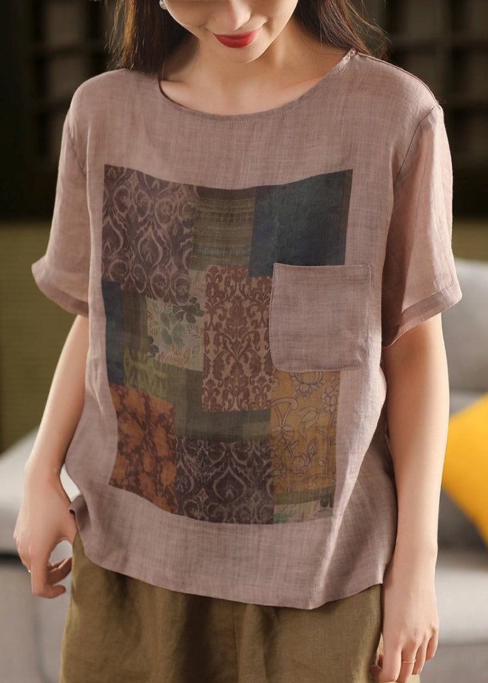Vintage Skin Pink O Neck Print Pockets Linen T Shirts Summe