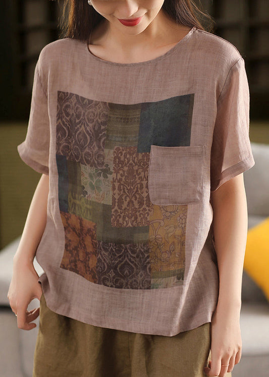 Vintage Skin Pink O Neck Print Pockets Linen T Shirts Summe