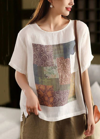 Vintage Skin Pink O Neck Print Pockets Linen T Shirts Summe