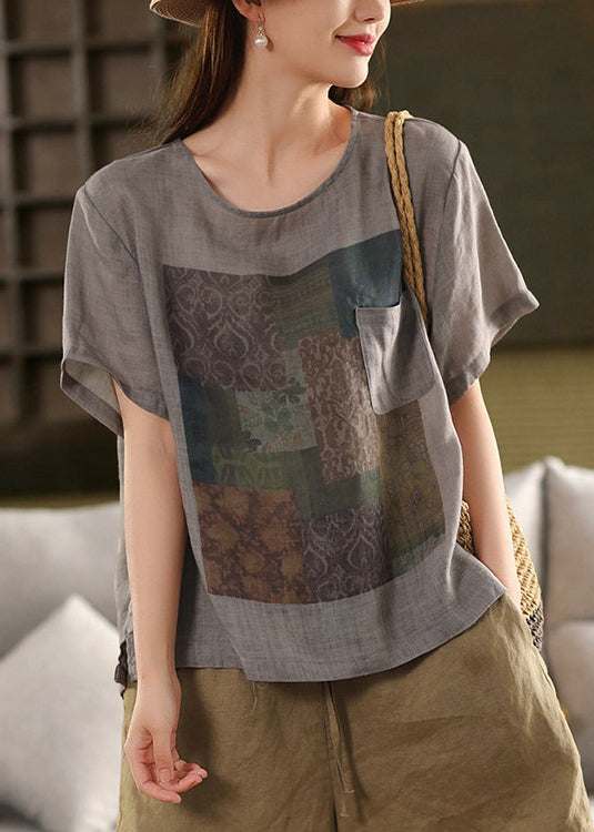Vintage Skin Pink O Neck Print Pockets Linen T Shirts Summe