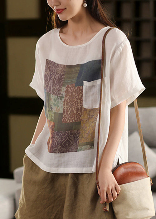 Vintage Skin Pink O Neck Print Pockets Linen T Shirts Summe