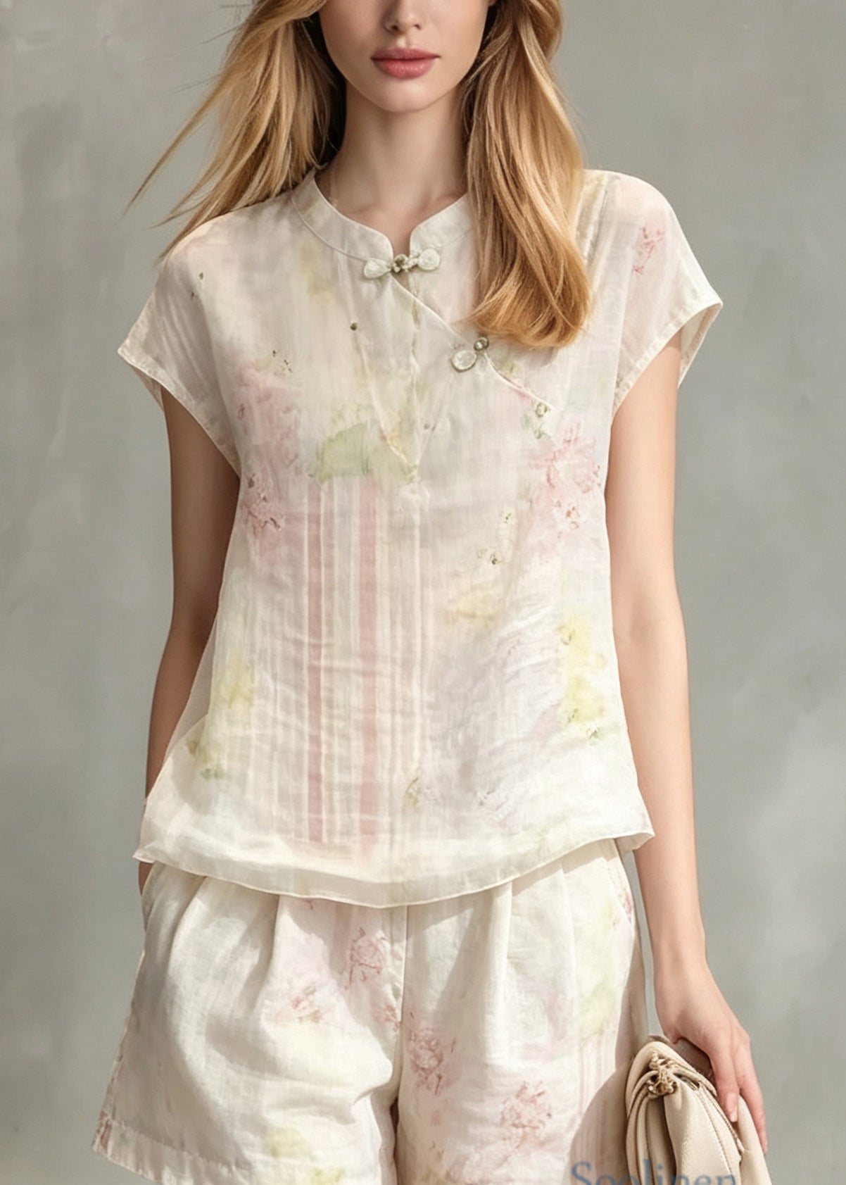 Vintage Stand Collar Chinese Button Print Cotton 2 Piece Outfit Summer