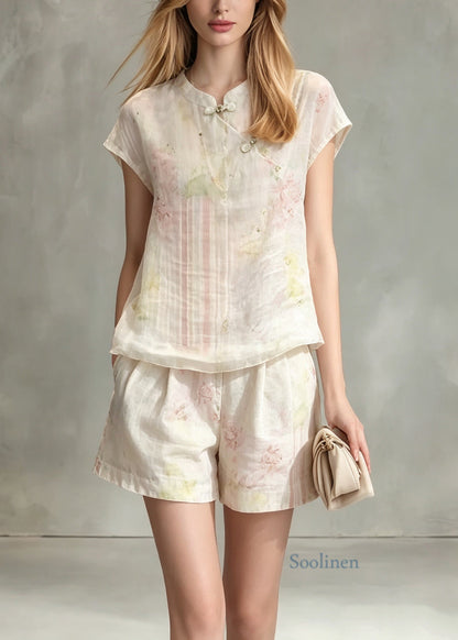 Vintage Stand Collar Chinese Button Print Cotton 2 Piece Outfit Summer