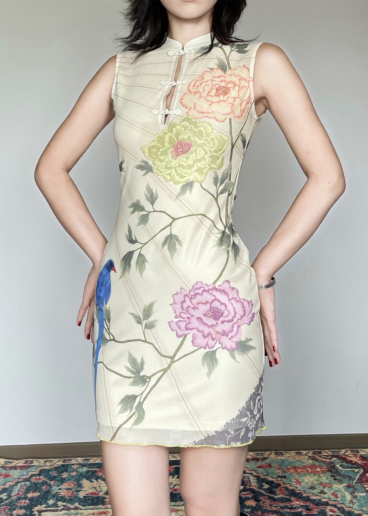 Vintage Stand Collar Print Chinese Button Tulle Dress Sleeveless