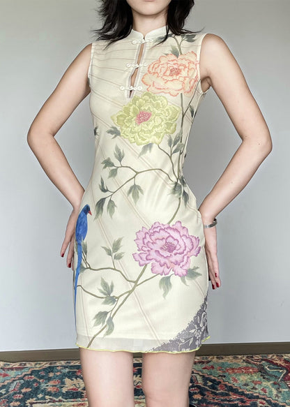 Vintage Stand Collar Print Chinese Button Tulle Dress Sleeveless