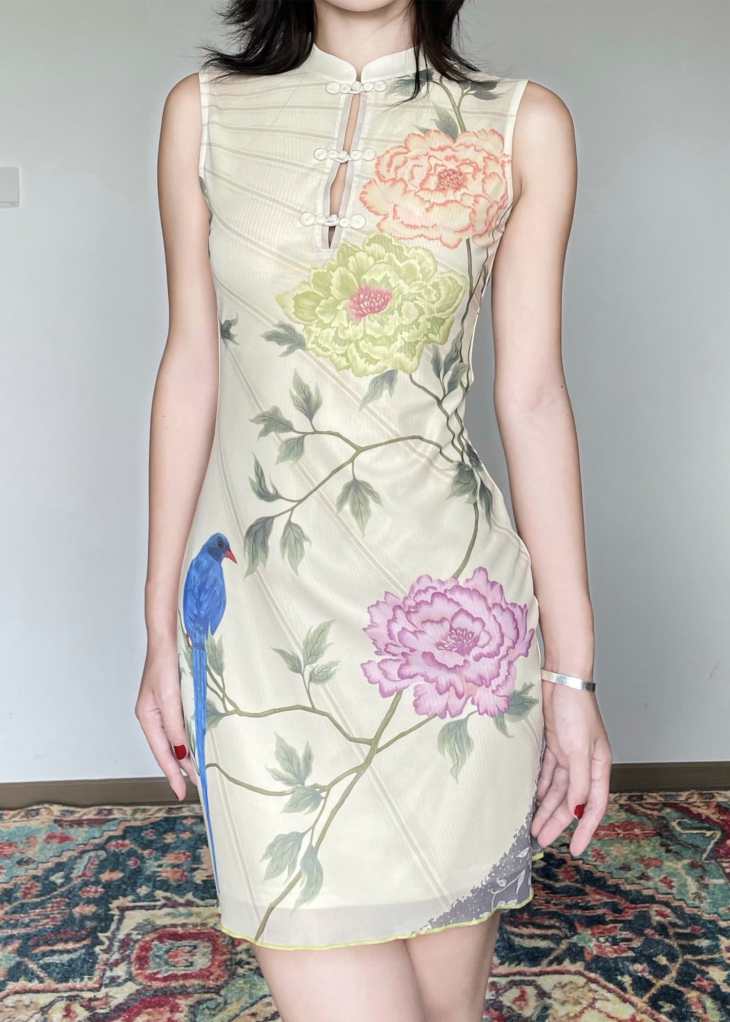 Vintage Stand Collar Print Chinese Button Tulle Dress Sleeveless