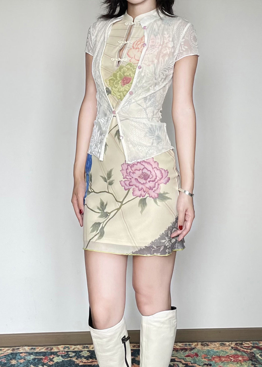 Vintage Stand Collar Print Chinese Button Tulle Dress Sleeveless