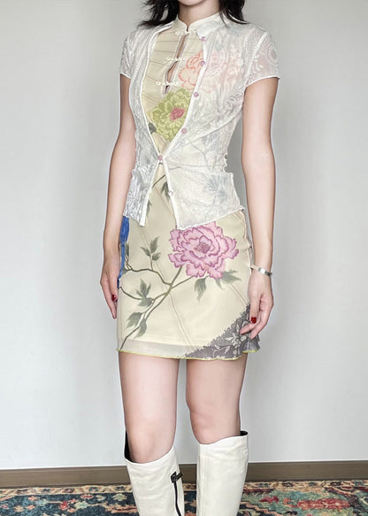 Vintage Stand Collar Print Chinese Button Tulle Dress Sleeveless
