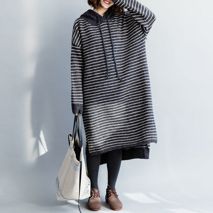 Vintage Pullover Stricktop Muster Moda Kapuze grau gestreift Mujer Strickkleid