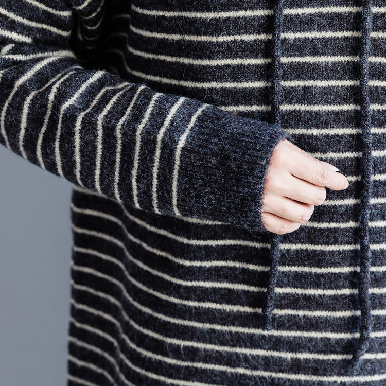 Vintage Pullover Stricktop Muster Moda Kapuze grau gestreift Mujer Strickkleid