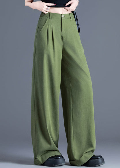 Vintage Tea Green Elastic Waist Cotton Wide Leg Pants Spring