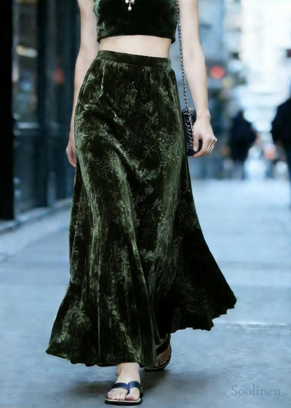 Vintage Tea Green Oversized Jacquard Silk Velvet Skirts Spring