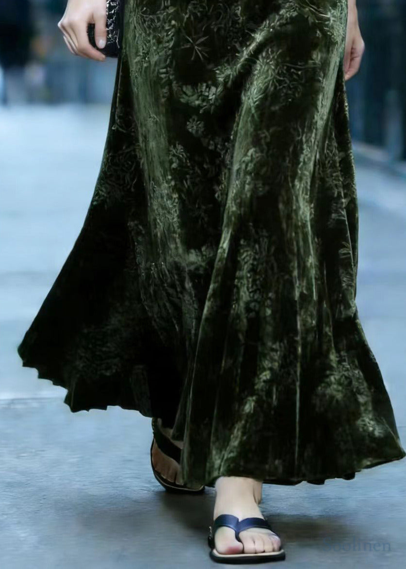 Vintage Tea Green Oversized Jacquard Silk Velvet Skirts Spring