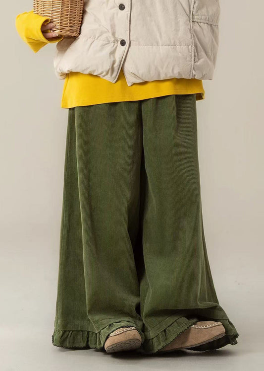 Vintage Teegrüne Oversize-Cordhose mit Rüschen und weitem Bein für den Frühling