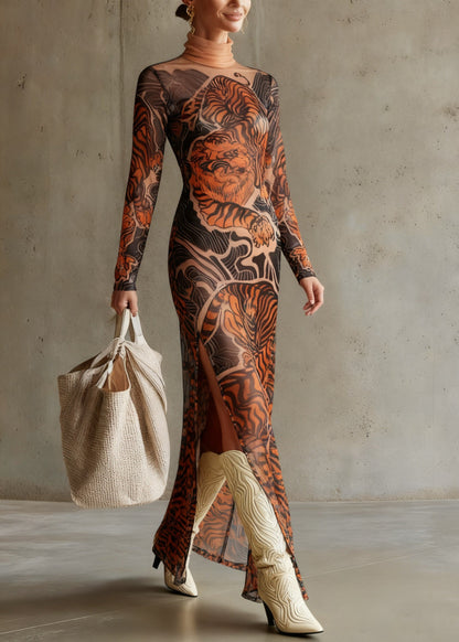 Vintage Tiger Print Side Open Tulle Long Dresses Spring