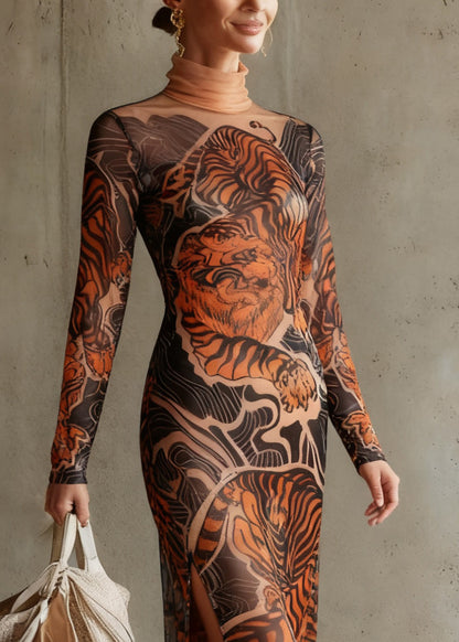 Vintage Tiger Print Side Open Tulle Long Dresses Spring