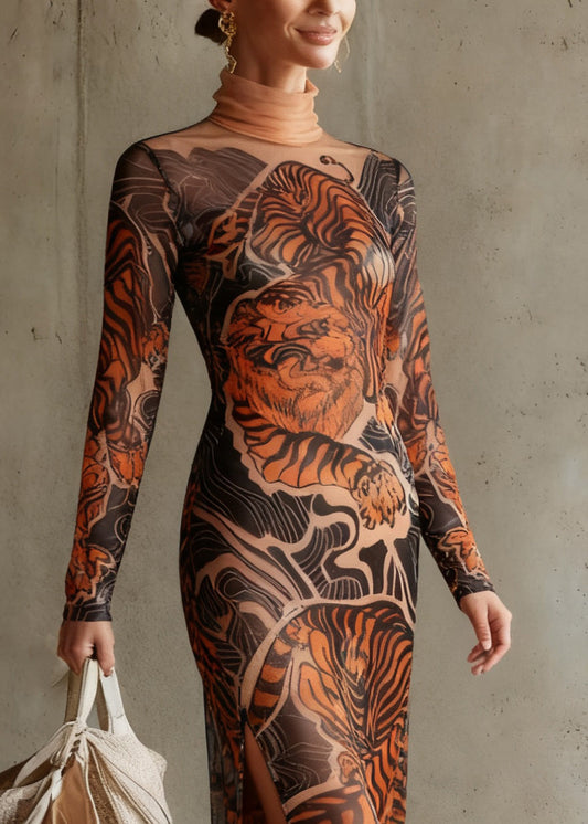 Vintage Tiger Print Side Open Tulle Long Dresses Spring