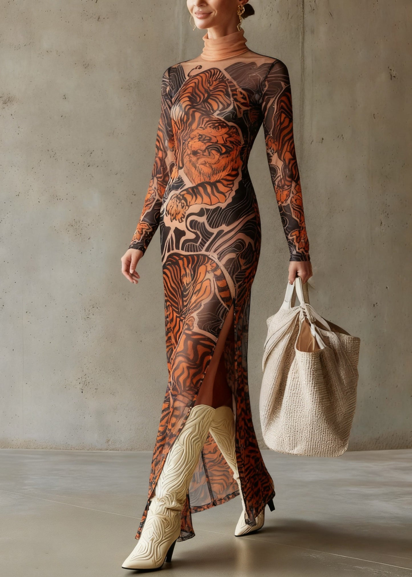 Vintage Tiger Print Side Open Tulle Long Dresses Spring