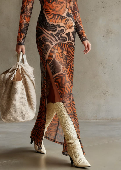 Vintage Tiger Print Side Open Tulle Long Dresses Spring