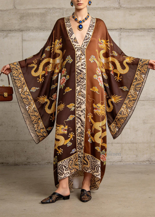 Vintage V Neck Oriental Print Chiffon Long Dress Oversized Flare Sleeve