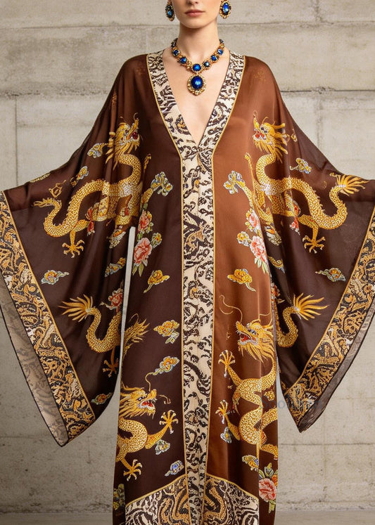 Vintage V Neck Oriental Print Chiffon Long Dress Oversized Flare Sleeve