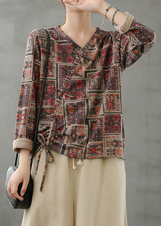Top vintage con cuello en V, estampado y cordón ajustable para primavera